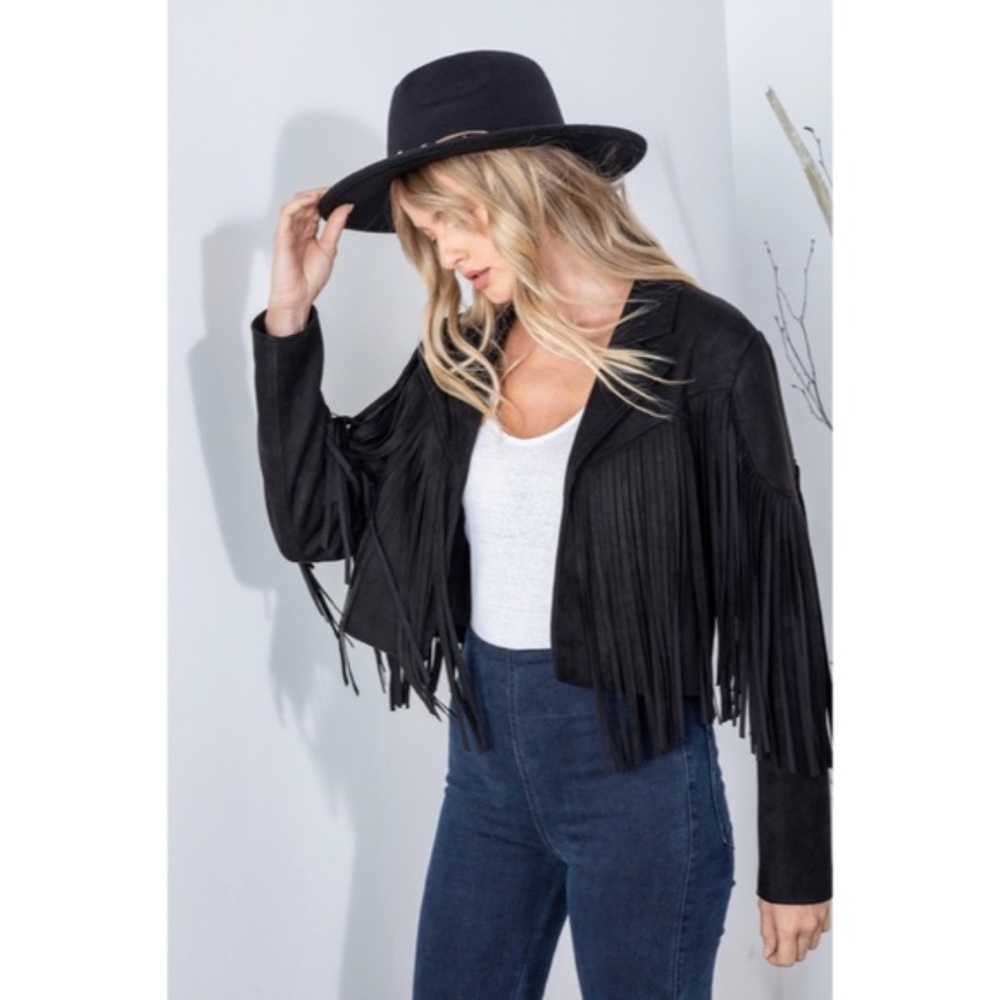 SOLD OUT Black Faux Leather Suede Fringe Cropped Western Boho Moto Jacket - Picture 3 of 8